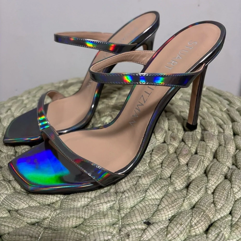 NEW Stuart Weitzman Aleena 100 Silver Hologram Square Toe Slip On Sandal Heels